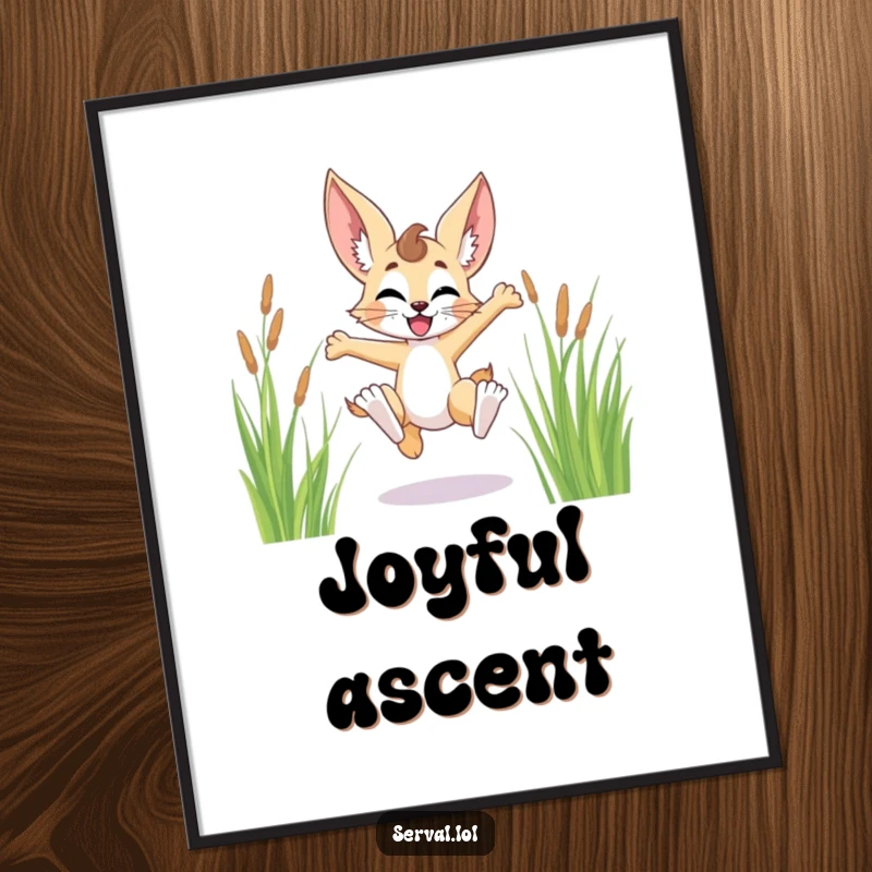 Funny serval character digital art print, joyfully leaping through tall grass, radiating pure, uninhibited exhilaration and wild delight.