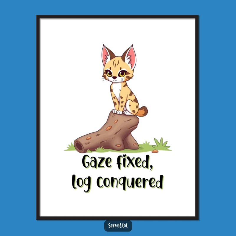 Funny Serval Log Balance Digital Art Print: Instant Feline Focus, Perfect Funny Gift for Walls