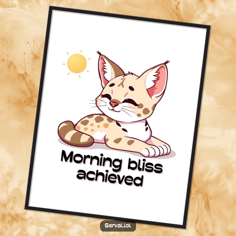 Funny serval digital art print of a serval stretching languidly in the morning sun, exhaling a sigh of pure relaxation and peace.