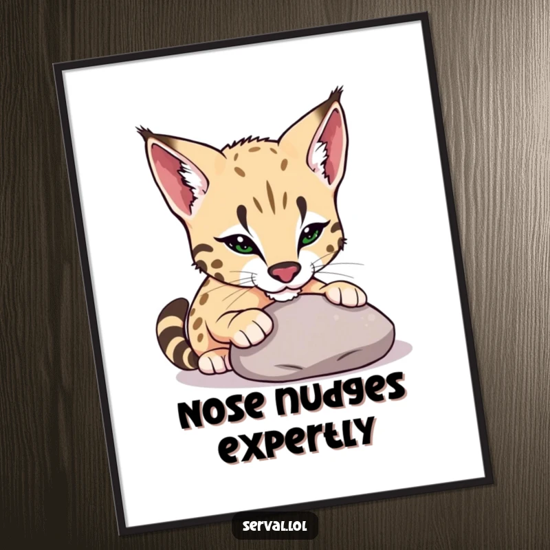 Funny serval digital art print of a serval playfully nudging a smooth pebble with its nose, showcasing innocent curiosity, downloadable art.