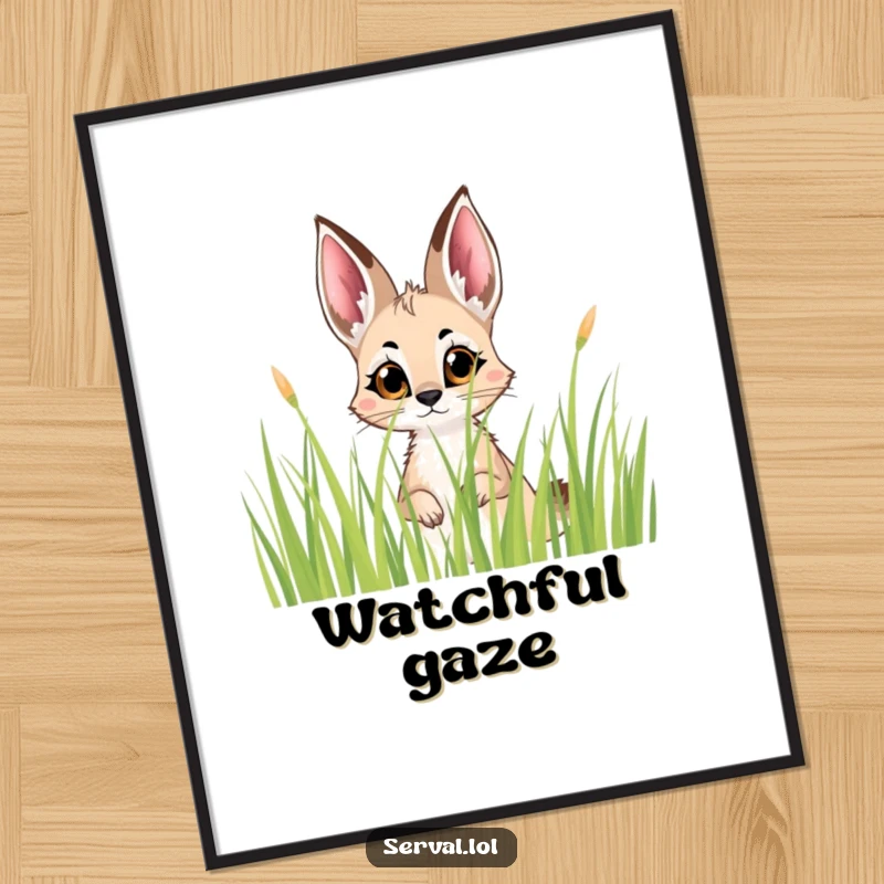 Funny Serval Peek Digital Art Print: A serval's curious eyes peek from tall grass, ready to be printed and displayed.