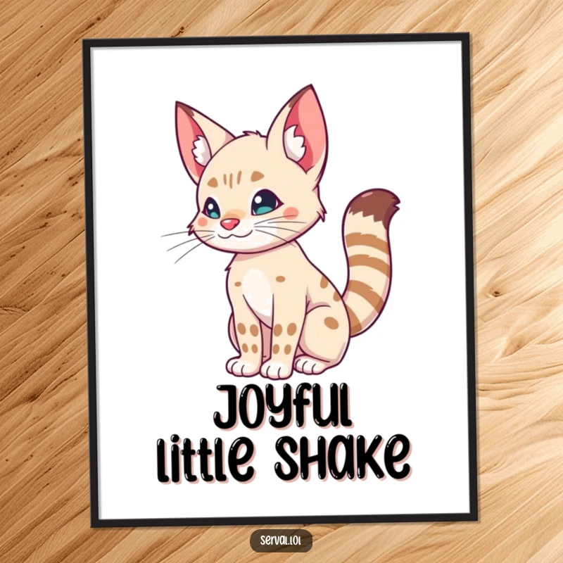 Funny digital art print of a serval doing a silly tail wiggle, perfect for humorous and playful wall decor.