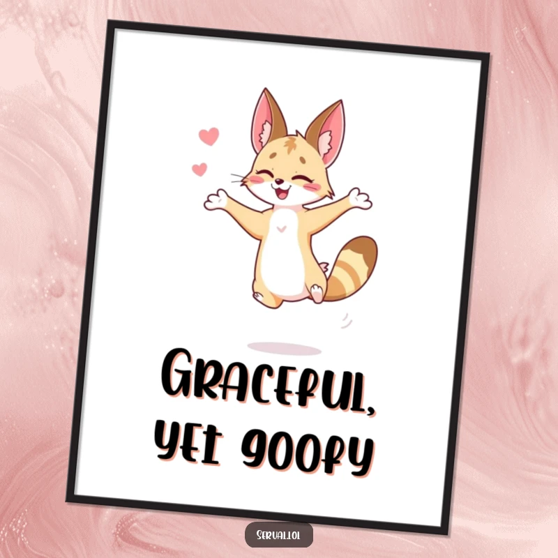 Funny serval digital art print capturing a serval in a dynamic, graceful jump, perfect for adding wild beauty and humor.