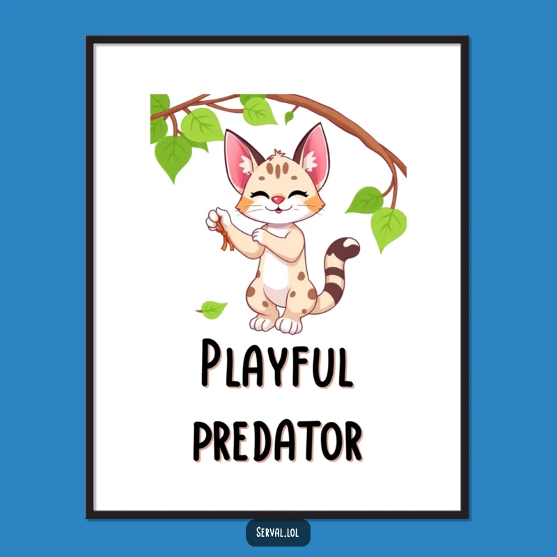 Funny Serval Digital Art - Playful Batting Print, Whimsical Humorous Decor