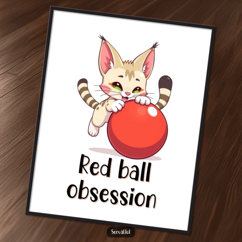 Funny serval character digital art print, in a dynamic pounce on a large red ball, radiating energetic, playful fun.