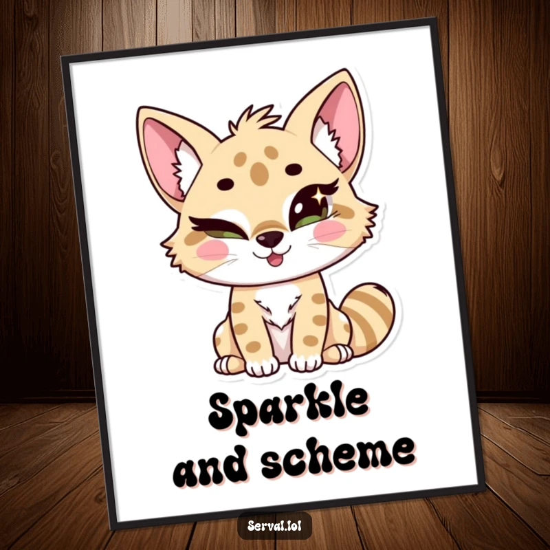 Funny kawaii serval character giving a mischievous wink with sparkling eyes, ready to bring humorous charm to your decor. Great gift.