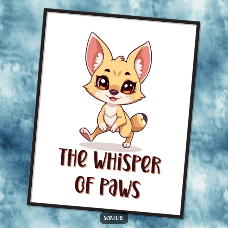 Funny Serval Digital Art Print: A serval character in a comical, stealthy tiptoe with a wide grin, instant wall art.