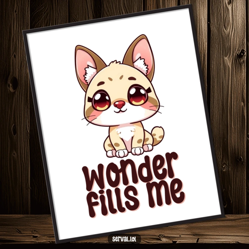 Funny kawaii serval character looking upwards with wide, curious eyes, available as a downloadable digital art print.