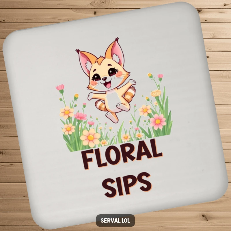 Funny kawaii serval cat joyfully bounding through tall flowers, featured on drink coasters.