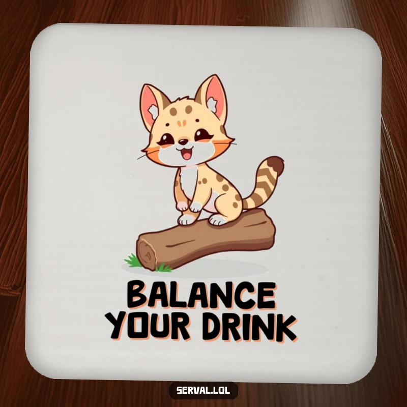 Funny Serval Coasters featuring a delighted serval proudly balancing on a log, adding a stylish and proud touch.