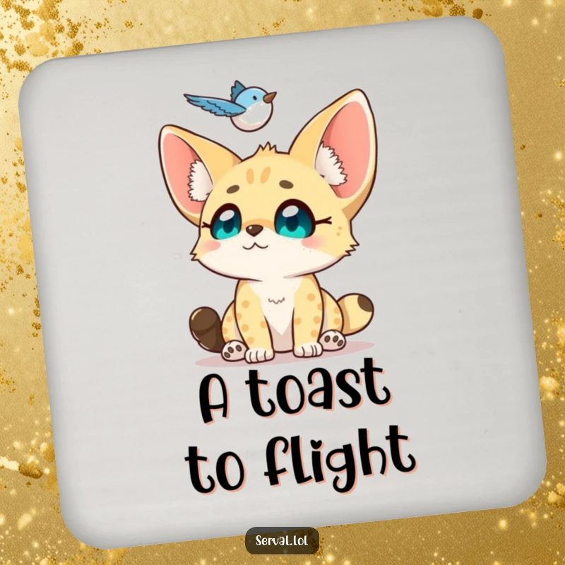 Funny Serval Coasters: A small serval looks up with adoring eyes at a hovering bird, adding sweet charm to your drinks.