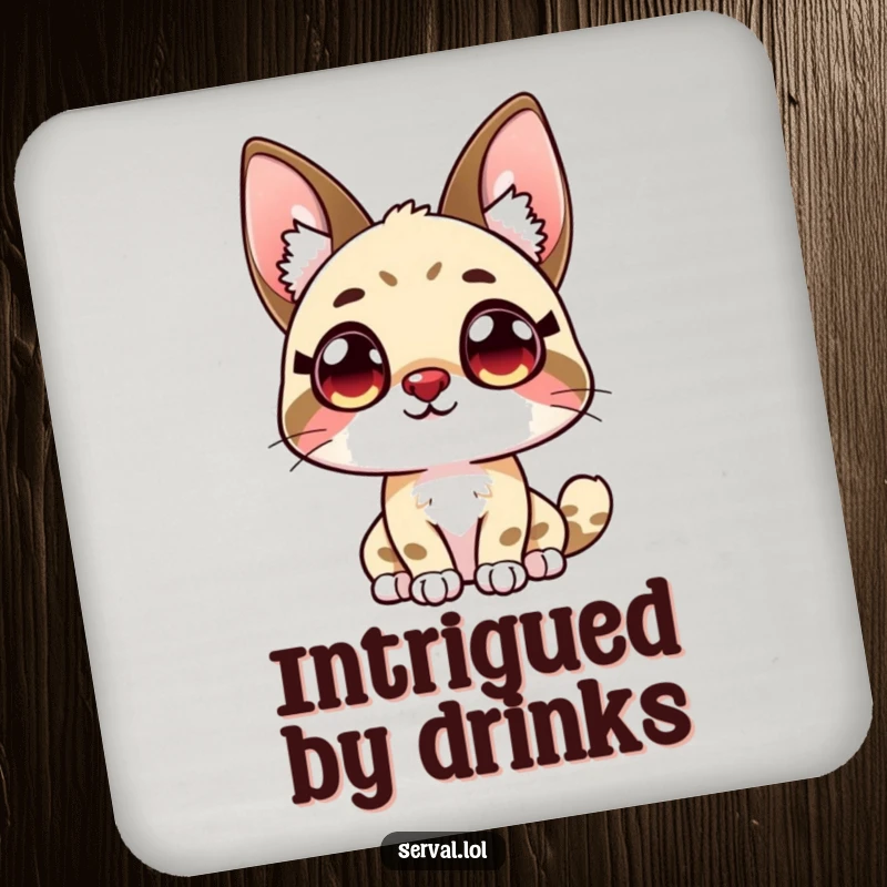 Funny kawaii serval character with large, curious eyes looking upwards, designed as a humorous drink coaster.