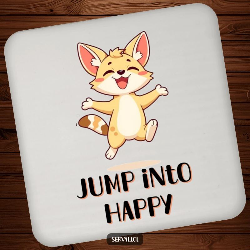 Funny kawaii serval character in a joyful, energetic leap, designed as a humorous drink coaster.