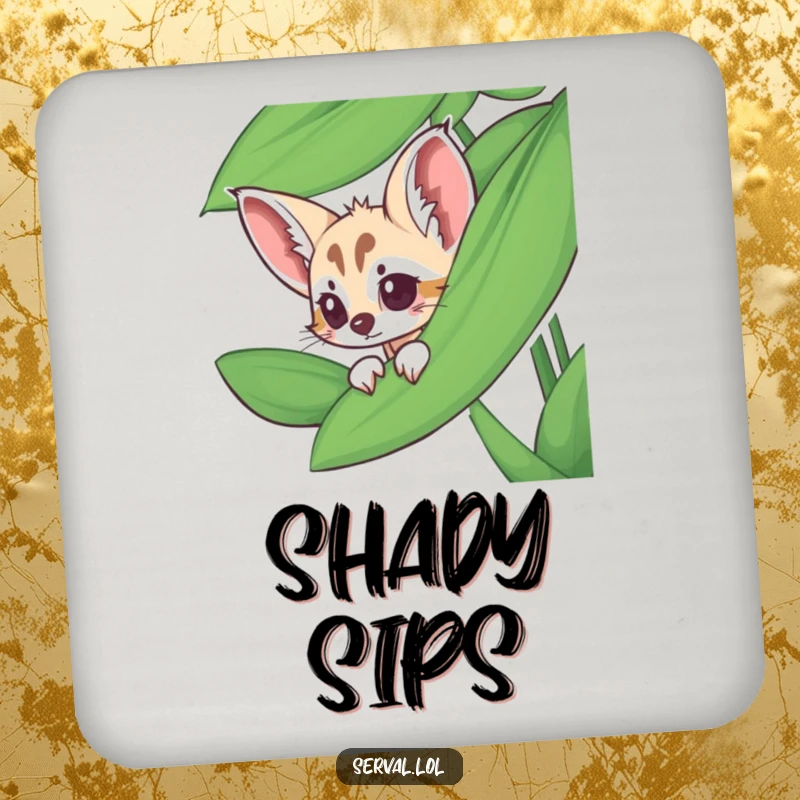 Funny serval coaster with a serval peeking from behind a jungle leaf, adding a whimsical touch.