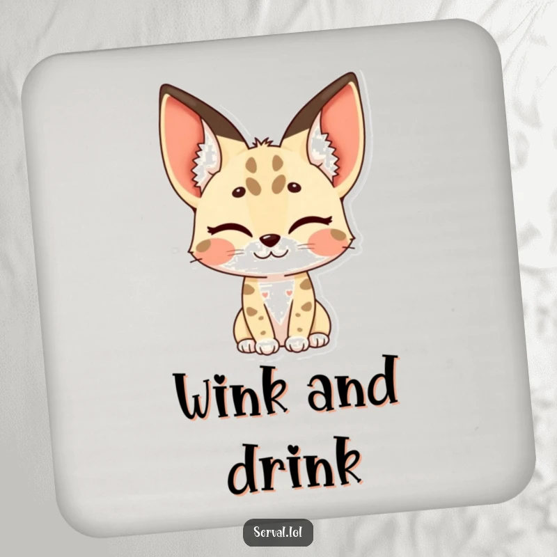 Funny serval coaster with a serval winking, its distinctive spotted ears adding a whimsical and cheeky accent.