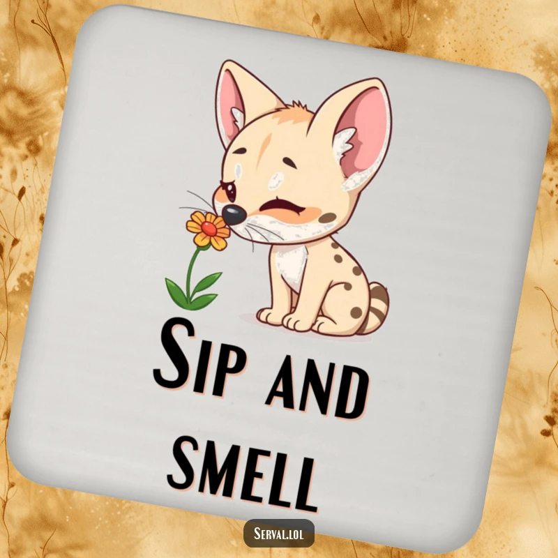 Funny Serval Coasters: A curious serval sniffs a colorful flower, adding delightful, humorous protection to your drinks.
