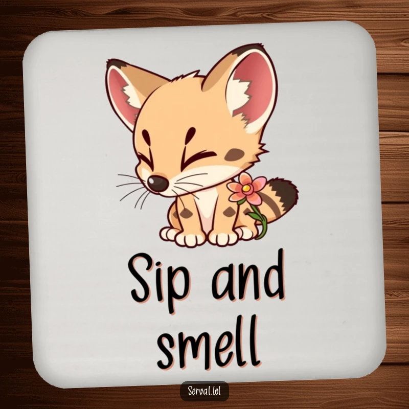 Funny Serval Coasters featuring a curious serval sniffing a colorful flower with delight, adding a charming natural touch.