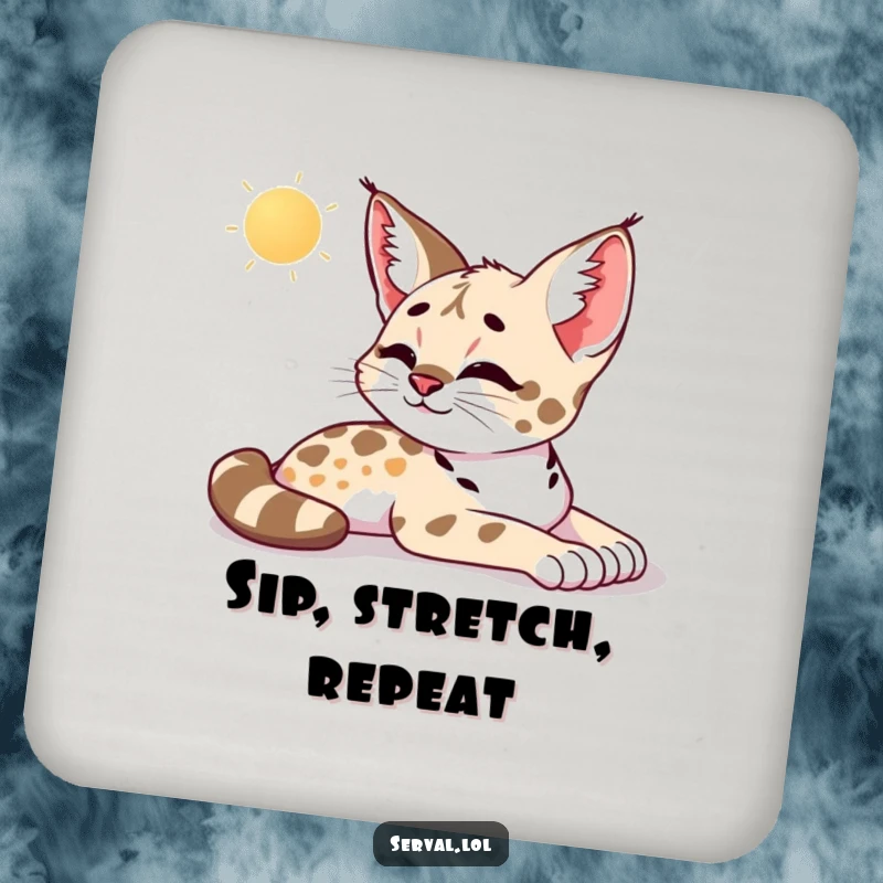 Funny serval drink coaster depicting a serval stretching in the morning sun with a contented sigh, bringing peaceful humor to tables.