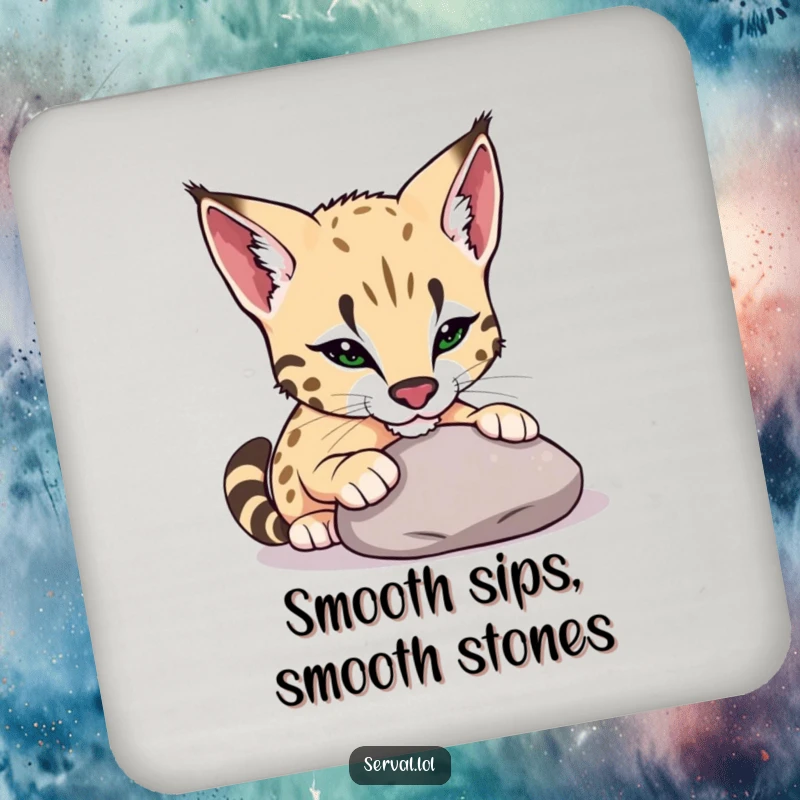 Funny serval drink coaster depicting a serval playfully nudging a smooth pebble with its nose, adding whimsical humor to tables.