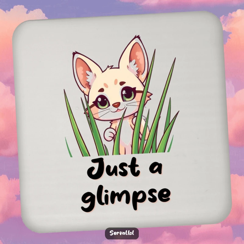 Funny Serval Coasters: A cute serval peeks with wide eyes from behind grass, adding humor to your drink.