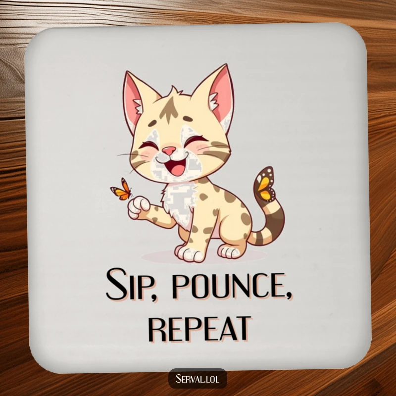 Funny Serval Coaster: A happy serval character playfully pouncing towards a butterfly, depicted on a charming coaster.