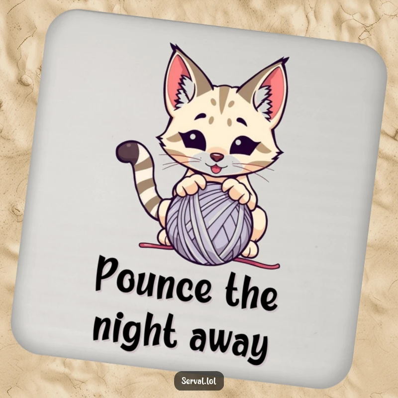 Funny serval coaster, a wild cat comically pouncing on a ball of yarn, protecting surfaces with humor.