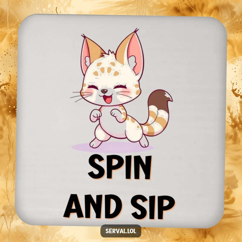 Funny Serval Coaster: A playful serval character captured chasing its tail, depicted on a fun coaster.