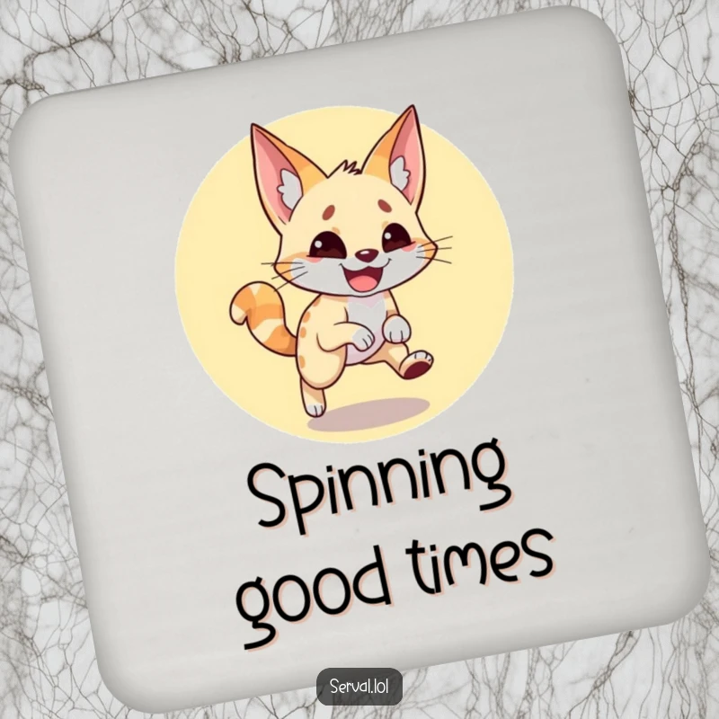 Funny serval drink coaster showing a wide-grinned serval hilariously chasing its tail, a delightful addition to any surface.