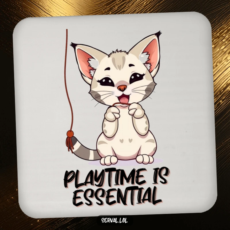 Funny serval drink coaster with a playful serval batting at a dangling string with its paws, adding charm and humor as a funny gift.