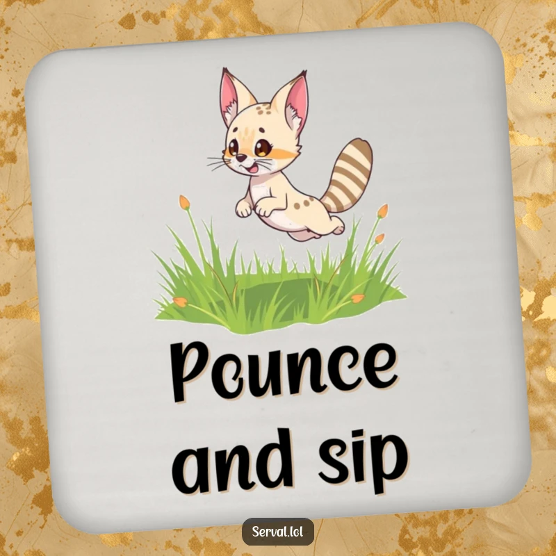 Funny Serval Coaster: A cute serval character leaping playfully, depicted on a coaster for a touch of fun.