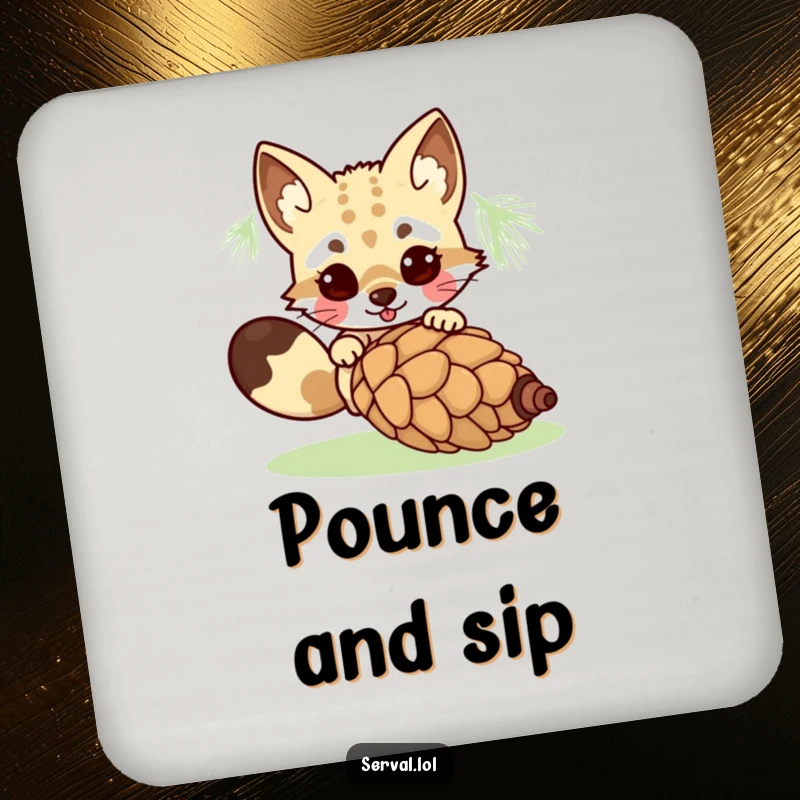 Funny kawaii serval character playfully pouncing on a rolling pinecone, adding a humorous touch to your drink setup. Excellent gift.