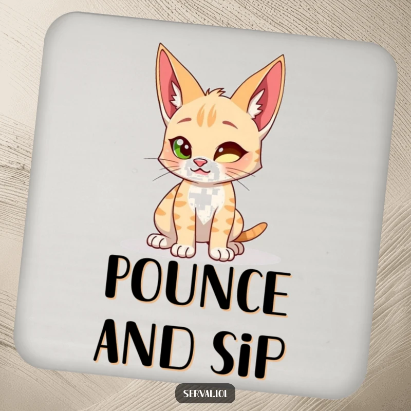 Funny drink coaster featuring a serval cat in a playful, ready-to-spring crouch, adding wild charm to any surface.