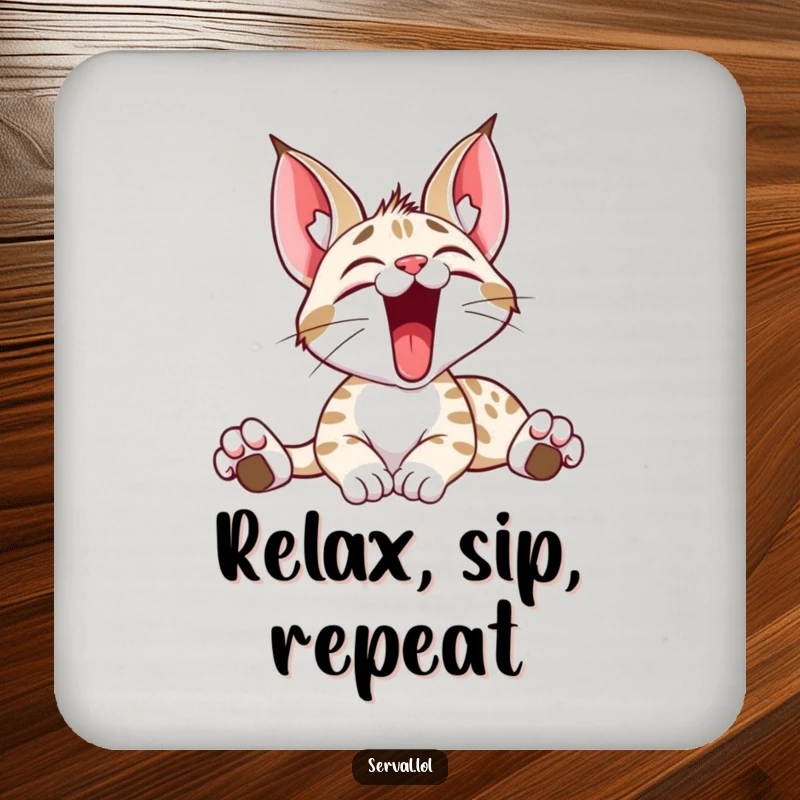 Funny drink coasters featuring a serval cat stretching and yawning, adding a humorous and protective element to any surface.