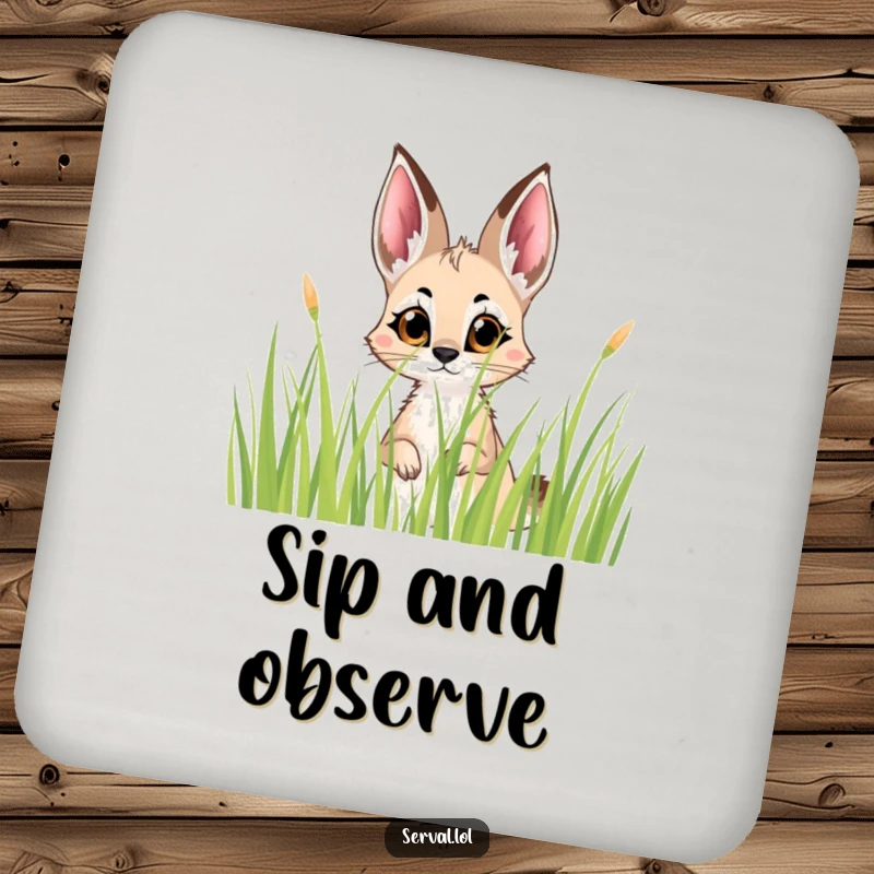 Funny Serval Peek Drink Coaster: A coaster with a serval peeking curiously from grass, protecting surfaces with wild humor.