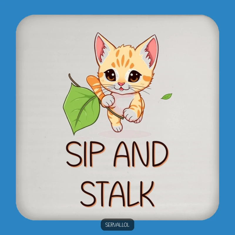 Funny Serval Kitten Leaf Chase Drink Coaster: Protect Surfaces with Wild Charm