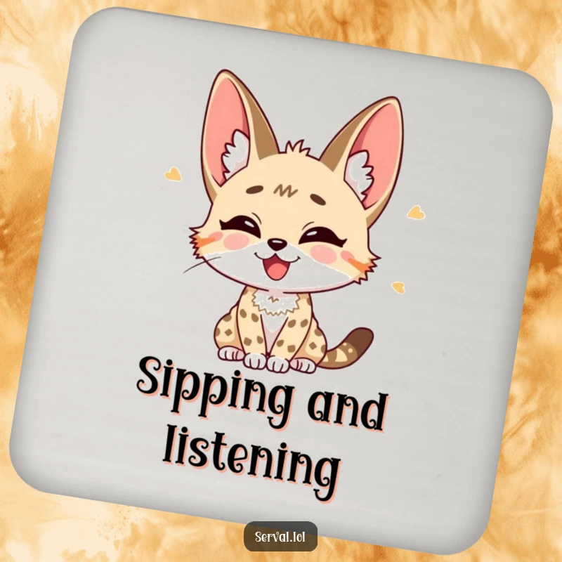 Funny Serval Coaster: A serval with perked ears listening intently with joy, protecting surfaces humorously.