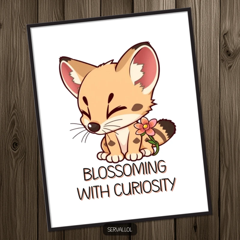 Funny Serval Poster capturing a curious serval delightedly sniffing a colorful flower, adding a touch of nature's wonder.