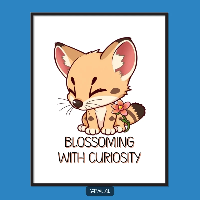 Funny Serval Flower Sniffing Poster: Delightful Curious Cat Wall Art, Perfect Funny Gift