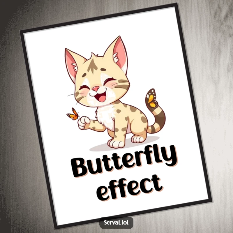 Funny Serval Poster: A happy serval character mid-pounce towards a tiny butterfly, creating a charming piece of art.