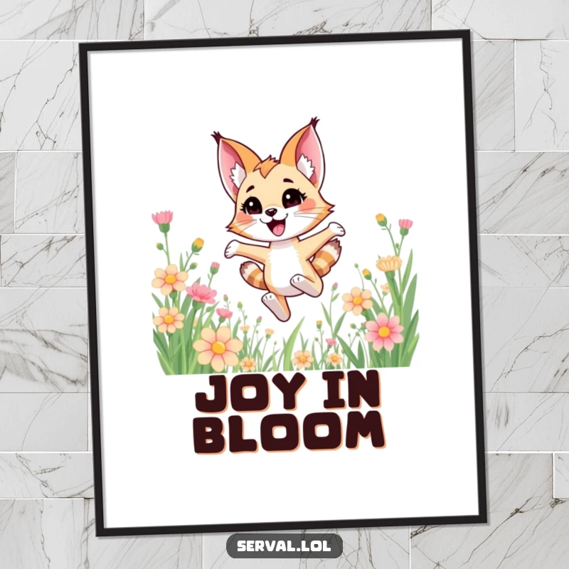 Funny kawaii serval cat character joyfully bounding through tall flowers, as cute wall art.
