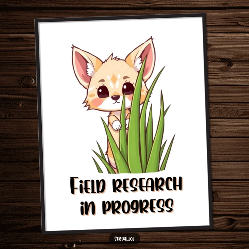 Funny kawaii serval cat peeking from behind tall grass, cute jungle animal wall art, whimsical illustration, a funny gift.