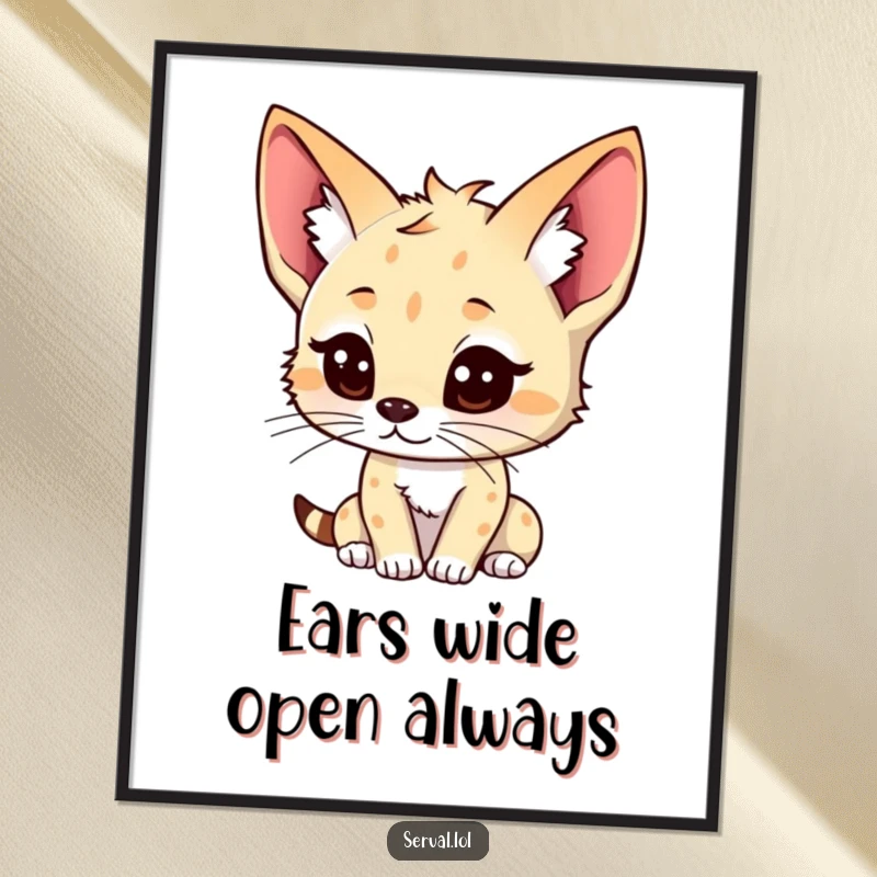Funny kawaii serval poster print, cute serval with alert ears, focused listening expression, whimsical wall art, perfect funny gift.