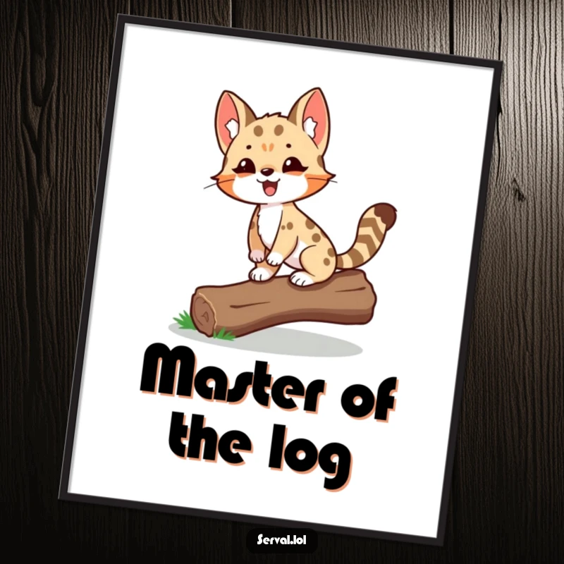 Funny Serval Poster featuring a delighted serval proudly balancing on a log, embodying achievement and confidence.