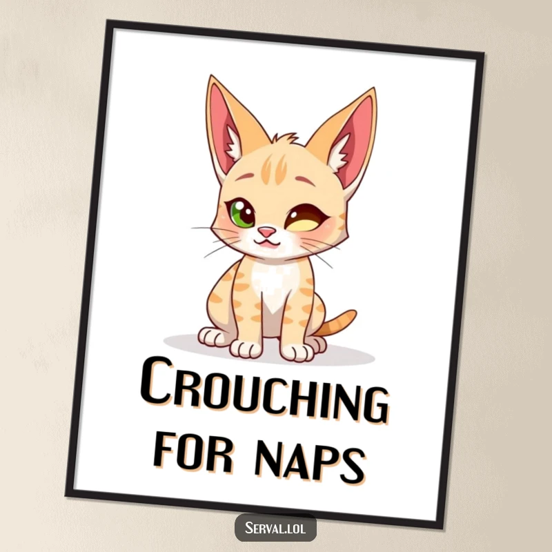 Funny poster art of a serval cat in a quintessential playful crouch, symbolizing readiness and wild, energetic anticipation.