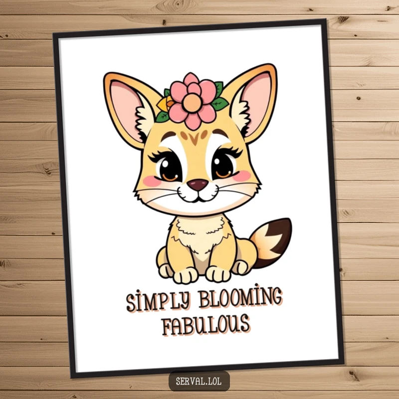 Funny serval poster of a cheeky serval wearing a flower crown, bringing playful beauty and charm to any wall.