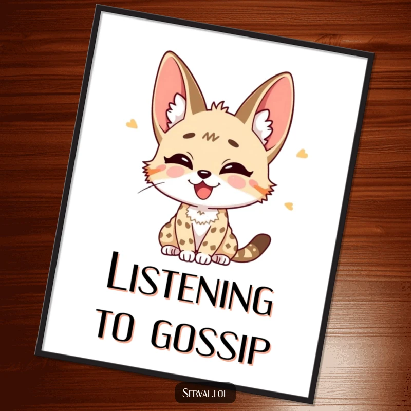 Funny Serval Poster: A serval character with perked ears, listening intently with pure joy, ideal wall art.