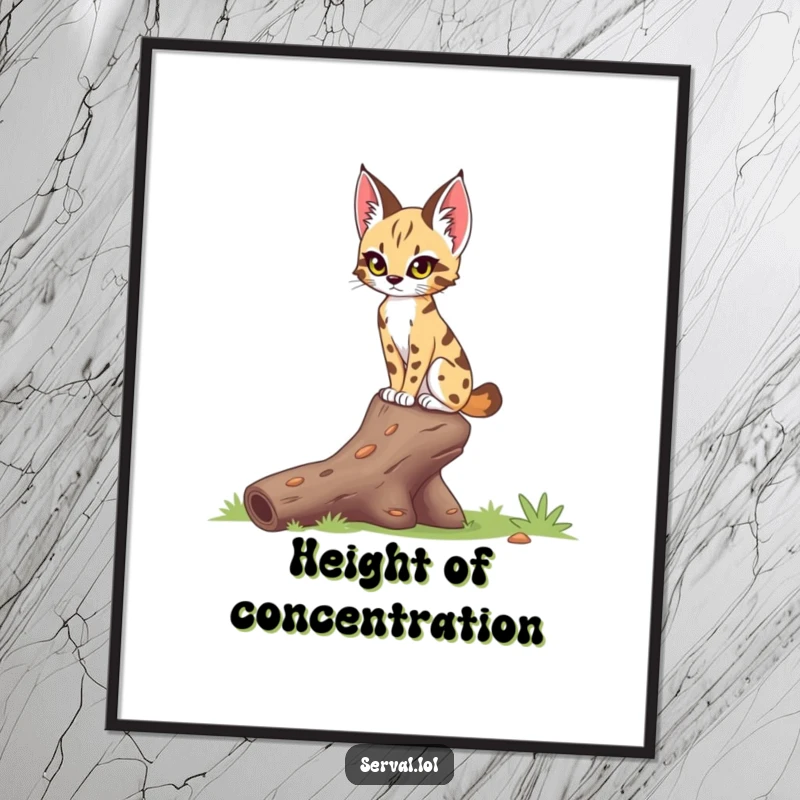 Funny serval poster depicting a serval with a highly focused gaze, delicately balancing on a fallen log, showcasing impressive agility and poise.