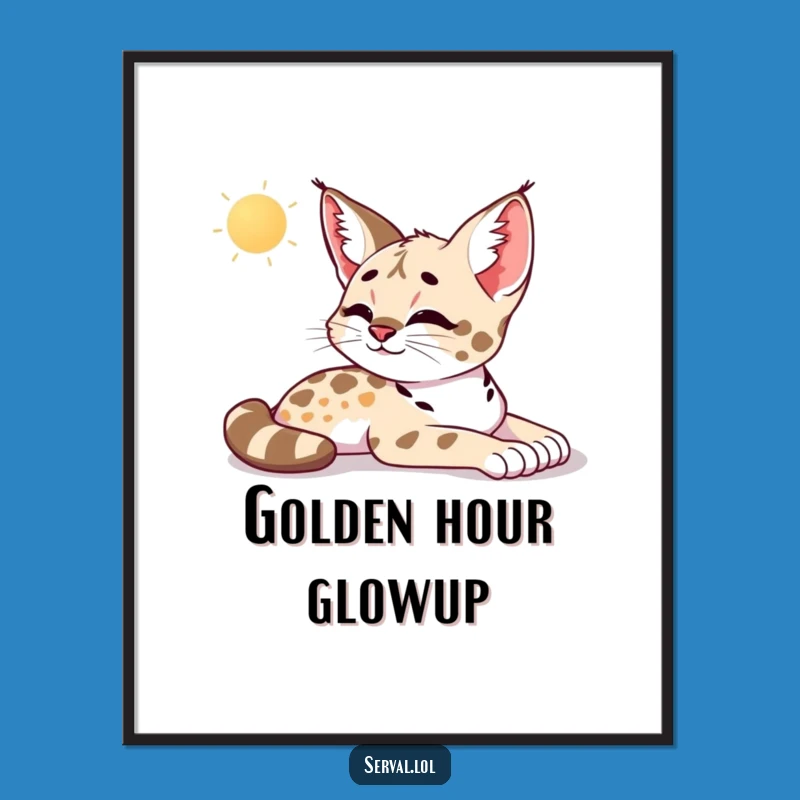 Funny Serval Morning Stretch Poster: Serene Feline Art, Perfect Funny Gift for Peaceful Decor