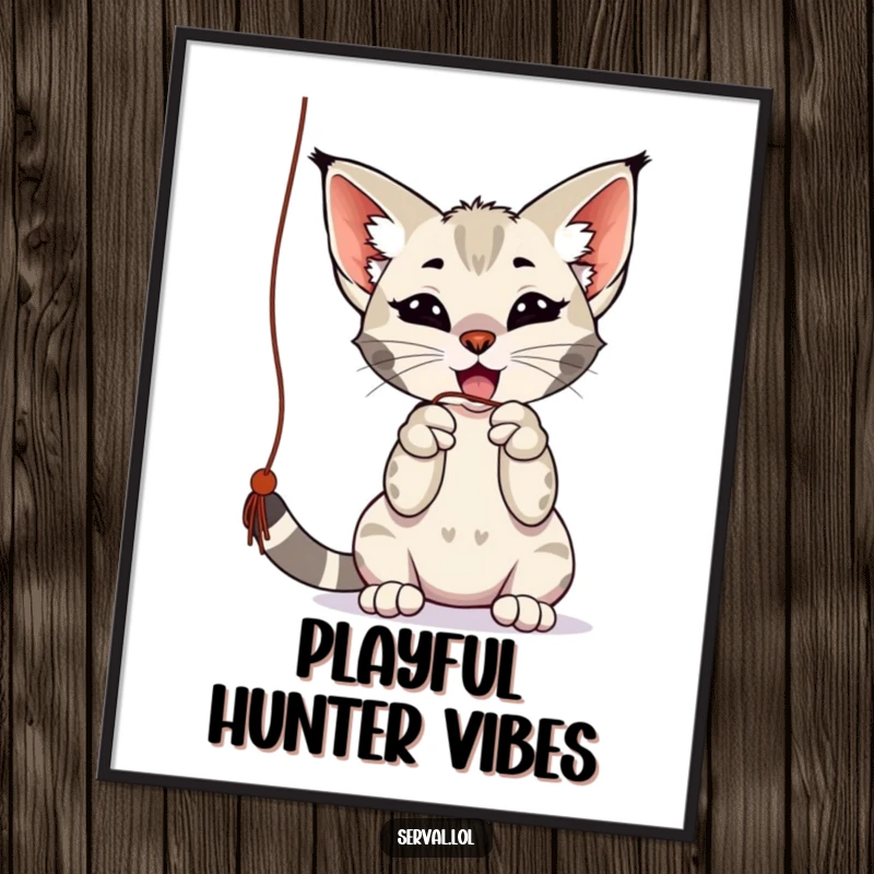 Funny serval poster featuring a playful serval batting at a dangling string with its paws, ideal for whimsical decor and as a funny gift.