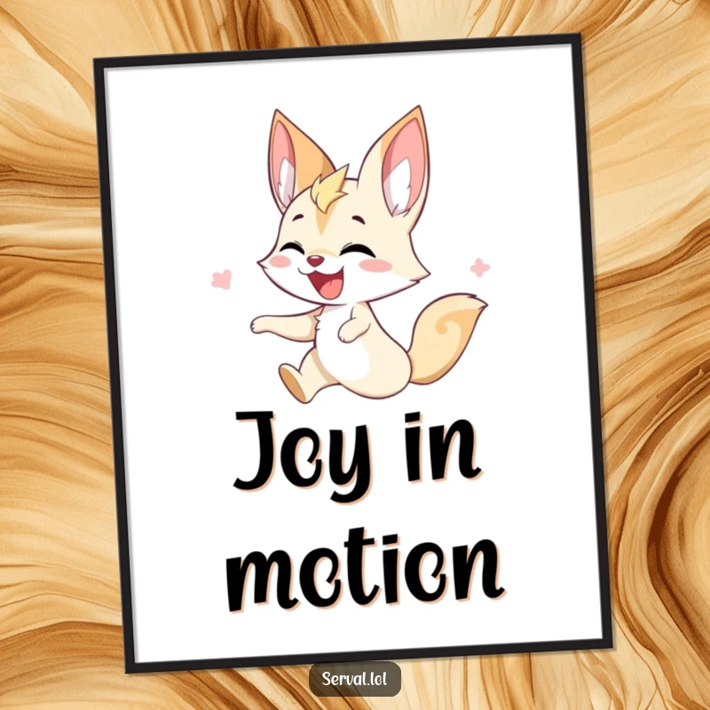 Funny serval poster showcasing a serval in a joyful, energetic twirl, bringing life and color to any wall.